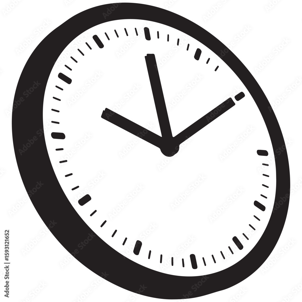 Poster stylized clock illustration depicting time with bold hands and minute markers in a monochromatic des