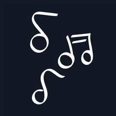Doodle Chalked Musical Notes on black background. Children outline element of music. Hand drawn Sounds. Linear melody, Clef symbol. Comic style. Isolated drawing on chalkboard. Vector illustration.