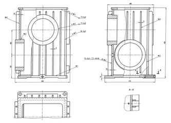 Engineering mechanical drawing of steel device
- worm gear welded housing (reducer, gearbox, engine)
with dimension lines.
Cad scheme on paper sheet. Technology background
of machine building industry