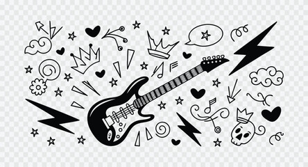 Obraz premium Electric guitar doodle surrounded by rock and roll symbols