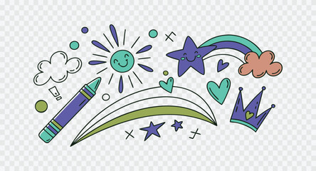 Obraz premium A colorful doodle with a crayon, rainbow, sun, and stars