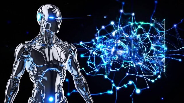Futuristic Humanoid Robot Presenting Glowing AI Text with Neural Network Connections on Dark Background