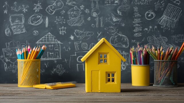 Yellow toy house sits among colorful pencils, with chalkboard drawings, evoking creativity, childhood, and playful learning in bright ambiance.