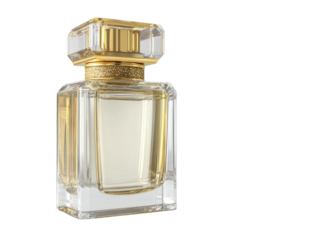 Bright side view of elegant perfume bottle product photography. Isolated on transparent background, png.