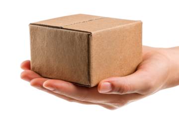 Delivery action hand holding package home environment close-up. Isolated on transparent background, png.