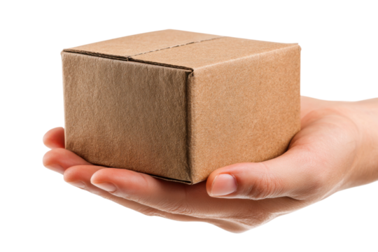 Delivery action hand holding package home environment close-up. Isolated on transparent background, png.