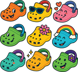 Adorable and colorful cartoon clog designs perfect for children's wear and playful illustrations.