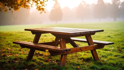 Naklejka premium Wooden picnic table in autumnal park