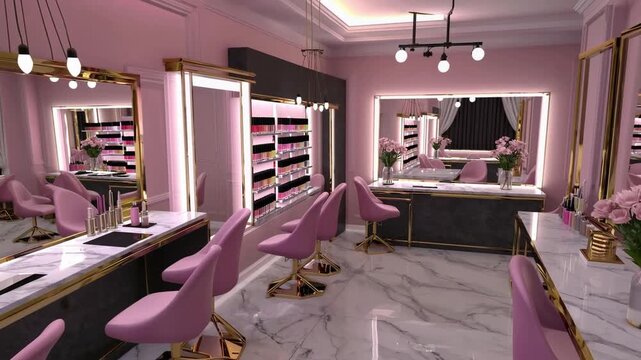 modern 3D-rendered beauty salon in glamorous pink-themed design, featuring manicure and hair styling stations