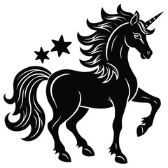 Obraz premium Pure black design of a prancing unicorn with flowing mane and star decorations, isolated on white background. 