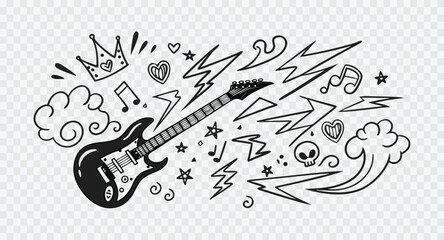 Obraz premium Black and white sketch of an electric guitar with music elements