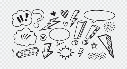 Collection of handdrawn comic speech bubbles and shapes