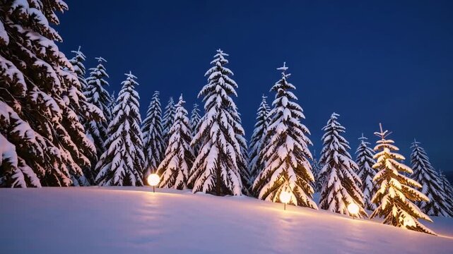 Shimmering Christmas landscape with snow-covered trees and softly blurred lights, ideal for holiday cards