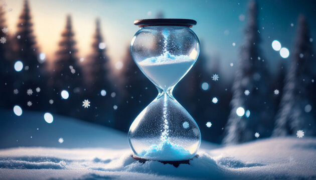 hourglass frozen in time with digital snow capturing fleeting moments in a wintery artistic scene
