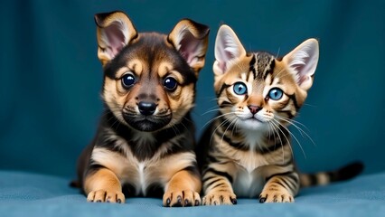 Portrait of a cute little puppy and a spotted tabby kitten on blue background