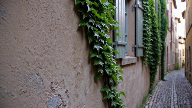 Aged residential window with wooden shutters enveloped by ivy vines