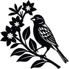  Pure black design of a small bird perched on a delicate flowering branch with petals and leaves, side profile, isolated on white background.