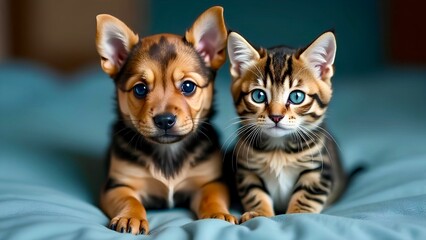 Portrait of a cute little puppy and a spotted tabby kitten on blue background