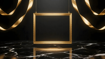 Elegant Gold Frame with Ribbon Decoration on Marble Surface Backdrop
