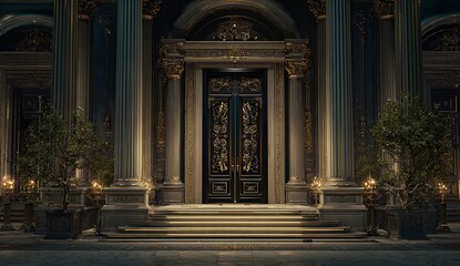 Obraz premium 3D Wallpaper of Black and Gold Palace Interior with Ornate Door – Luxury Architectural Design Concept