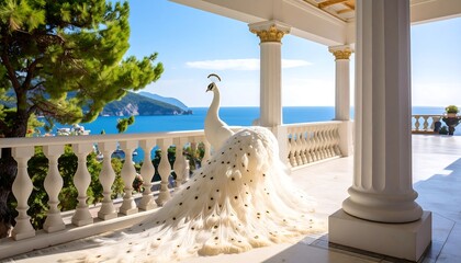 White peacock on veranda overlooking ocean