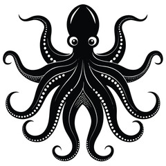 Fototapeta premium Pure black design of an octopus in top-down view with curling tentacles spread out, isolated on white background