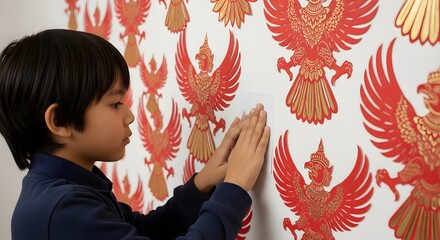 Young boy placing white sticker on wall with repeating red and gold bird figures representing culture