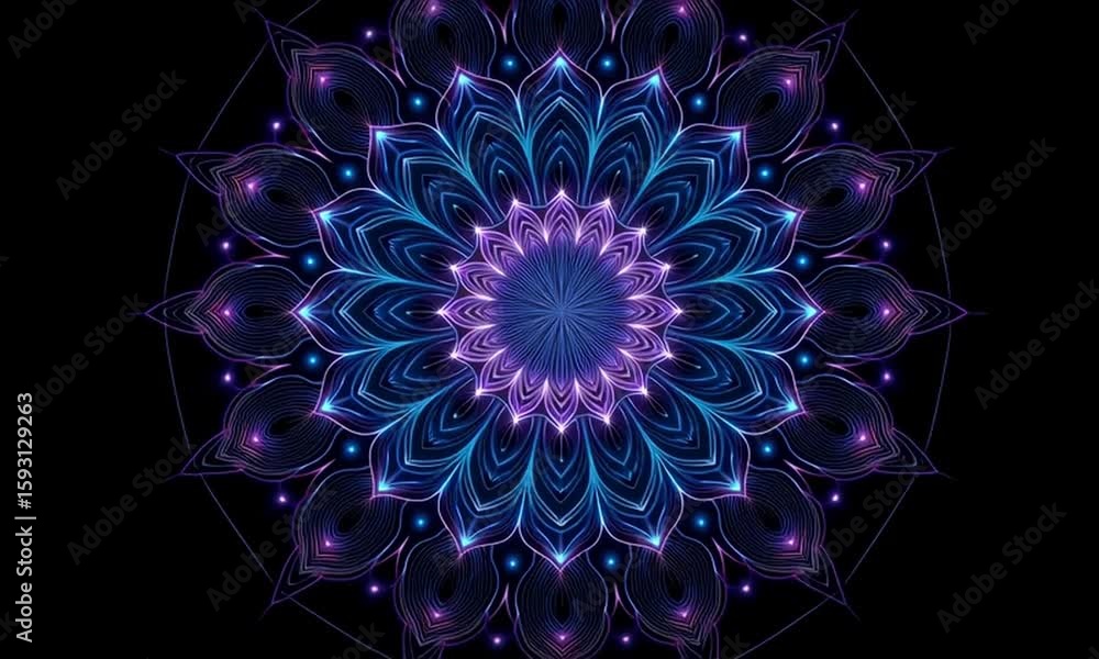 Poster A symmetrical pattern of glowing neon lines forming an intricate mandala, with a dark background Generative AI