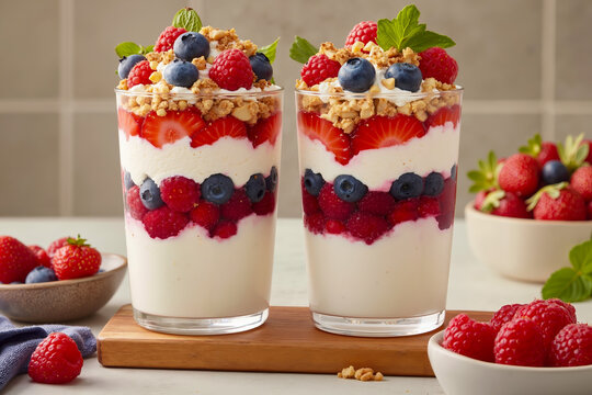 A couple of glasses filled with fruit and granola on top of a table