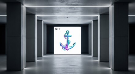 Futuristic neon anchor nft displayed in minimalist gallery hallway