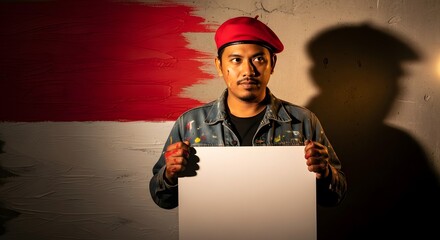 Young man holding blank canvas in front of a painted wall with red and white brushstrokes shadow art and sunlight