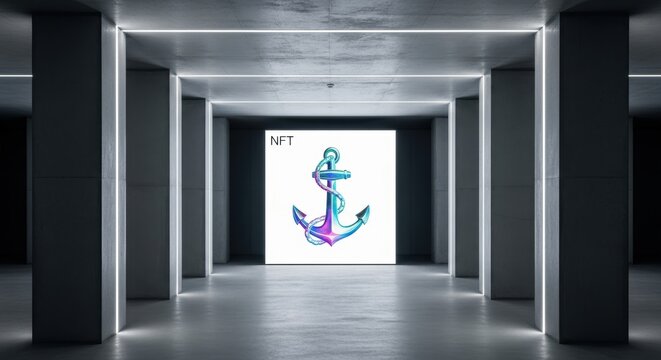 Futuristic neon anchor nft displayed in minimalist gallery hallway - Powered by Adobe