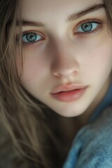 Fototapeta premium Close-up image of a pretty young woman with captivating blue eyes, showcasing her features in detail.