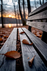 Fototapeta premium Close-up view of a wooden bench with fallen autumn leaves at sunset in a peaceful park