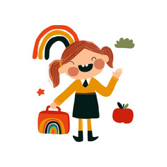 Cute red-haired Caucasian schoolgirl with rainbow lunchbox and missing tooth, playful flat illustration for educational apps, children’s books, and back-to-school campaigns on transparent background.