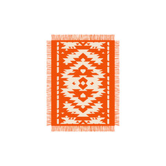 Flat vector of tribal-inspired orange and beige decorative rug with symmetrical geometric pattern and fringes, perfect for interior blogs, boho designs, or textile branding on transparent background.