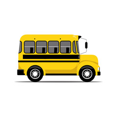 Classic yellow school bus with large windows in simplified cartoon vector style, ideal for educational content, school transport illustrations, and back-to-school design on transparent background.