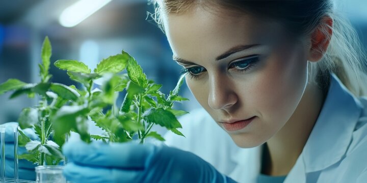The image shows a female scientist working in a laboratory, studying the growth and development of plant cells. Her focus appears to be on a particular strain or mutation.