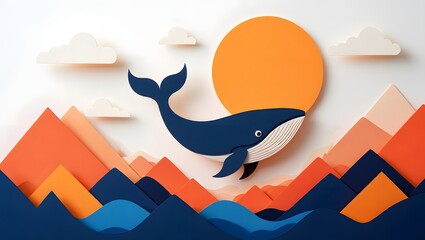 Whale illustration paper art ocean sea mountains sun clouds vector background design