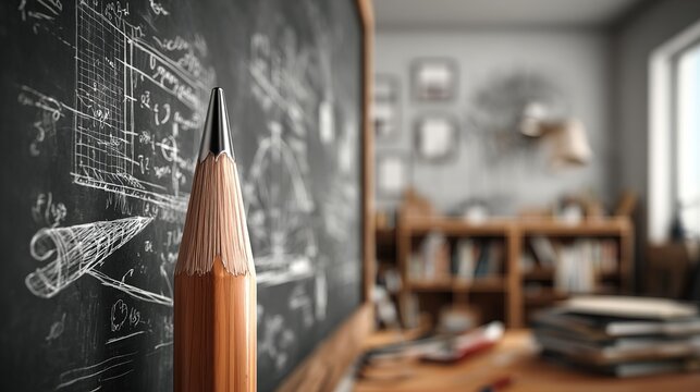 Architectural pencil standing before chalkboard filled with sketches and equations in a bright, modern, and academic setting.