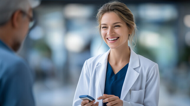 Doctor using glucose meter on patient during examination, soft lighting