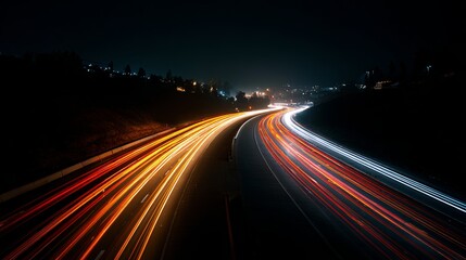 Light trails illuminate the dark highway, cars speeding into the night with a captivating and mesmerizing effect.