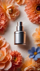 Perfume bottle mockup with floral arrangement for beauty product marketing campaign