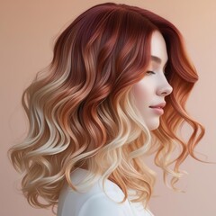 Portrait of a beautiful girl in profile with long wavy hair with ombre coloring