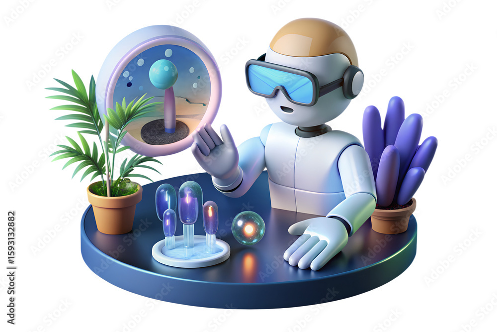 Poster ai robot in futuristic lab with vr headset conducting research and development on new technology tre