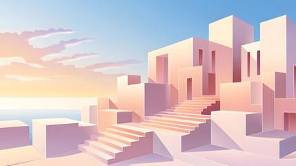 Pastel Minimalist Architecture Seaside Sunset