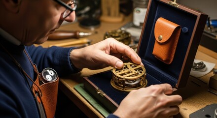 Mature caucasian male watchmaker adjusting brass pocket watch mechanism in workshop