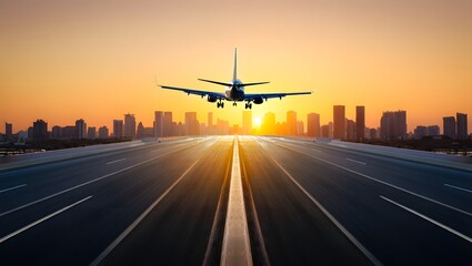 Fototapeta premium Airplane landing at sunset with city skyline travel destination flight transportation