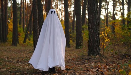 Child in ghost costume in autumn forest