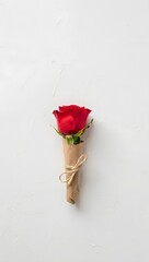 Red rose flower wrapped in brown paper for valentines day gift or romantic gesture idea